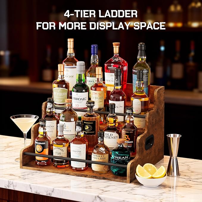 LIVELYGLOW 19.6”W x 15.74" D x 12.5" H Inches Versatile 4-Step Coffee Syrup & Water Bottle Organizer Rack Multi-Functional Retro Display Shelf for Kitchen or Bar, Holds Liquor & Spirits, Wooden