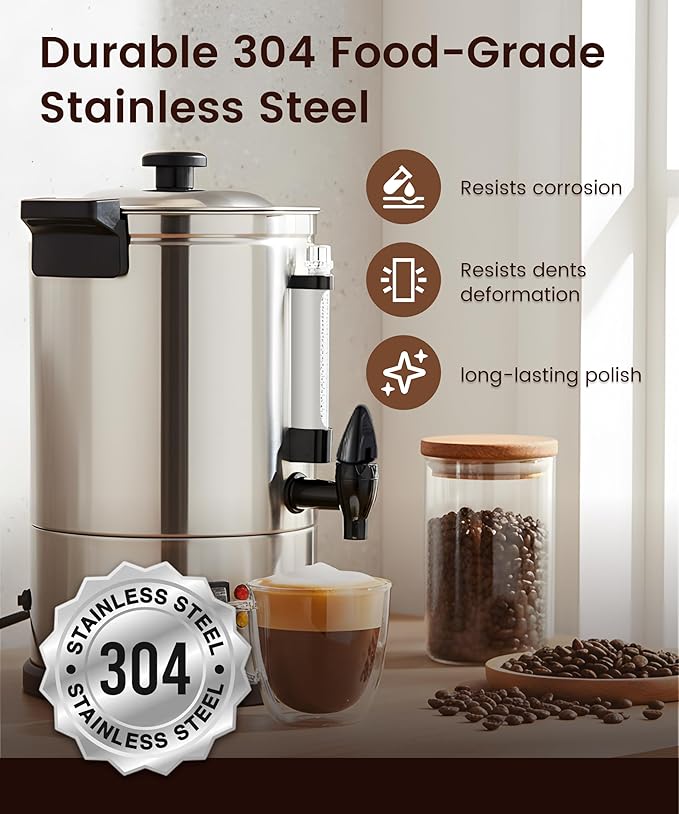 AZZO KITCHEN Commercial Coffee Maker 40-Cup Large Coffee Urn with Percolator Coffee Pot Electric 6L Stainless Steel Fast Brew Hot Water Dispenser for Tea Catering Events Home Office Easy Cleaning
