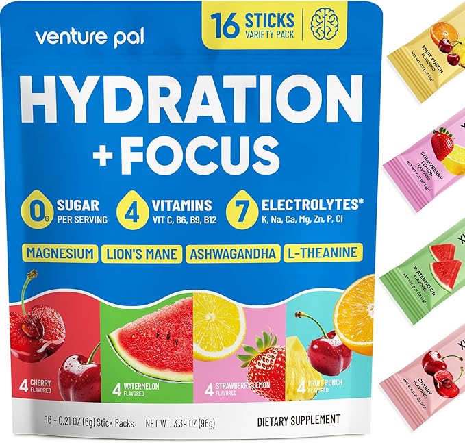 Venture Pal 2-in-1 Hydration Packets + Focus Support Electrolytes Powder, 7 Electrolytes + Vitamins, Magnesium, Lion's Mane & L-Theanine | Sugar Free Liquid Daily IV Drink Mix, Vegan, Keto, 16 Sticks