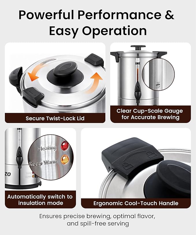AZZO KITCHEN Commercial Coffee Maker 40-Cup Large Coffee Urn with Percolator Coffee Pot Electric 6L Stainless Steel Fast Brew Hot Water Dispenser for Tea Catering Events Home Office Easy Cleaning