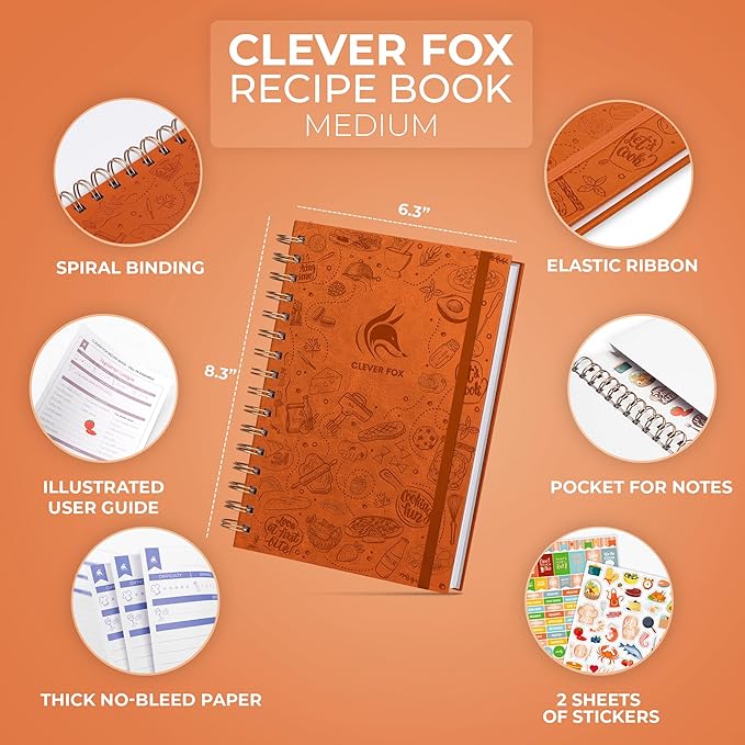 Clever Fox Recipe Book Spiral – Make Your Own Family Cookbook – Blank Recipe Notebook Organizer – Empty Cooking Journal to Write In Recipes – Medium Size, 6.3”x8.3”, Hardcover (Orange)