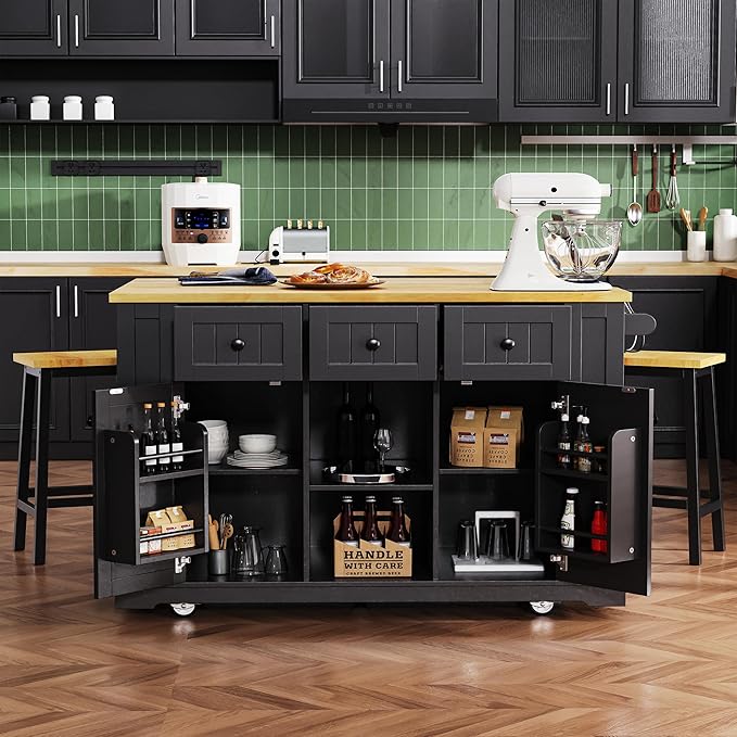 Yayzy Rolling Kitchen Island with Drop Leaf & Storage, Mobile Kitchen Cart on Wheels with 5 Open Shelves, Towel Rack & Power Outlet for Kitchen and Dining Room, Black, 53-Inch
