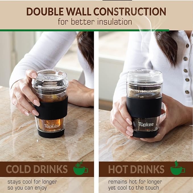 Tupkee Double Wall Glass Tumbler - 8-Ounce, All Glass Hand Blown Reusable Insulated Tea/Coffee Mug & Lid, Travel Mug - Black