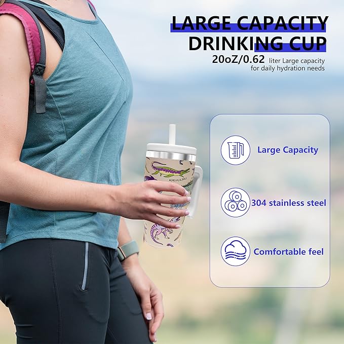 20-OZ Insulated Water Bottle,Insulated Stainless Steel Tumbler,Reusable Cold Drink Thermos,BPA-Free, Double-Wall Stainless Steel Water Bottle (Cream-Dinosaur, 20, Fluid Ounces)