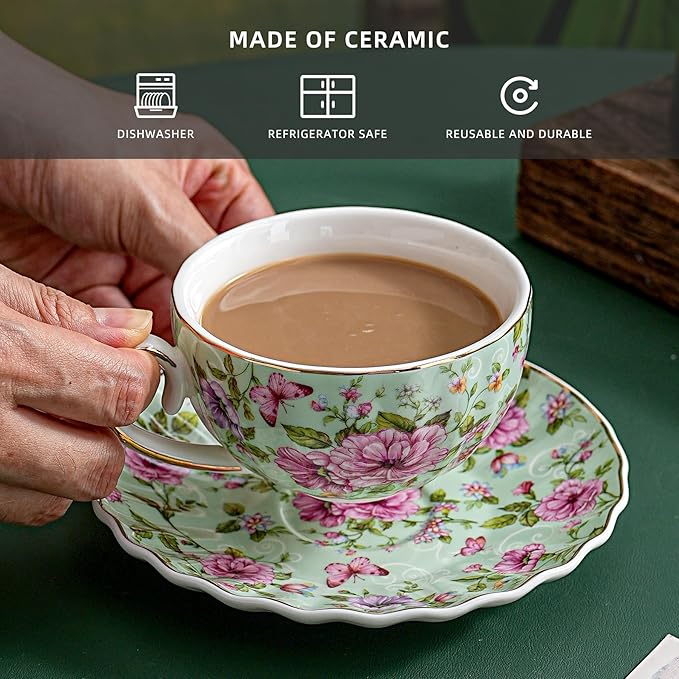Tea Cup and Saucers, 6.4oz Floral Tea Cups with Gold Trim, Porcelain Teacup, Coffee Cappuccino Espresso Latte Mugs for Party Birthday,Party Cafe Home, Christmas Gift (Green)