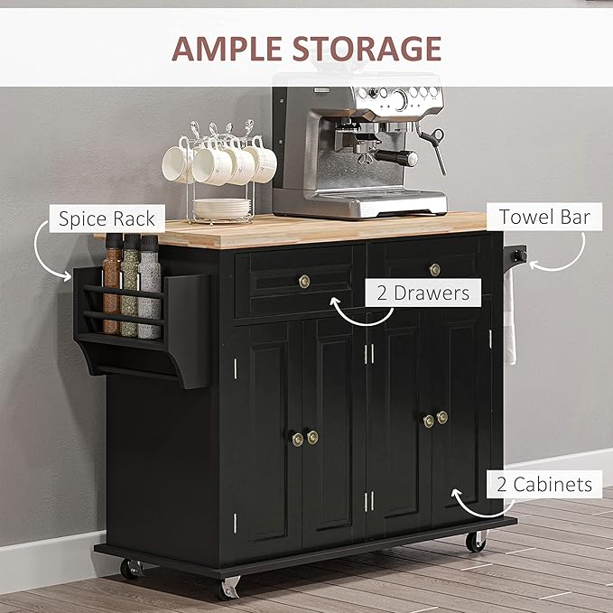 HOMCOM Kitchen Island Cart with Rubber Wood Top, Rolling Kitchen Island Table on Wheels with Drawers, Adjustable Shelves, Spice Rack and Towel Rack for Dining Room, Black