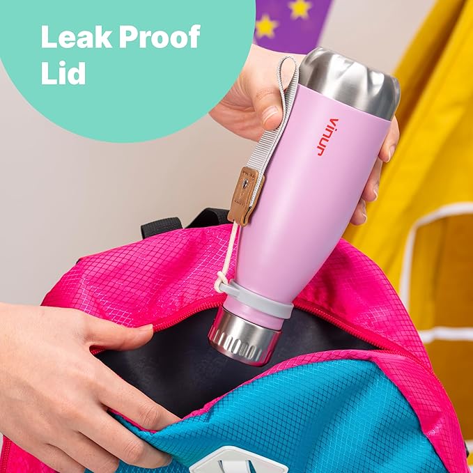 VINUR 9 oz Small Insulated Water Bottle for Kids Lunchbox -18/8 Stainless Steel Vacuum Leak-Proof Flask with Carry Rope for Sports Travel, Cola Shape, Silver