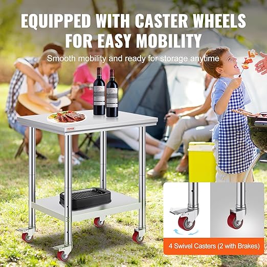 Mophorn Stainless Steel Work Table with Wheels 30 L* 24 W * 33 H Inch Prep Table with 4 Casters Heavy Duty Work Table for Commercial Kitchen Restaurant Business, Silver and Black