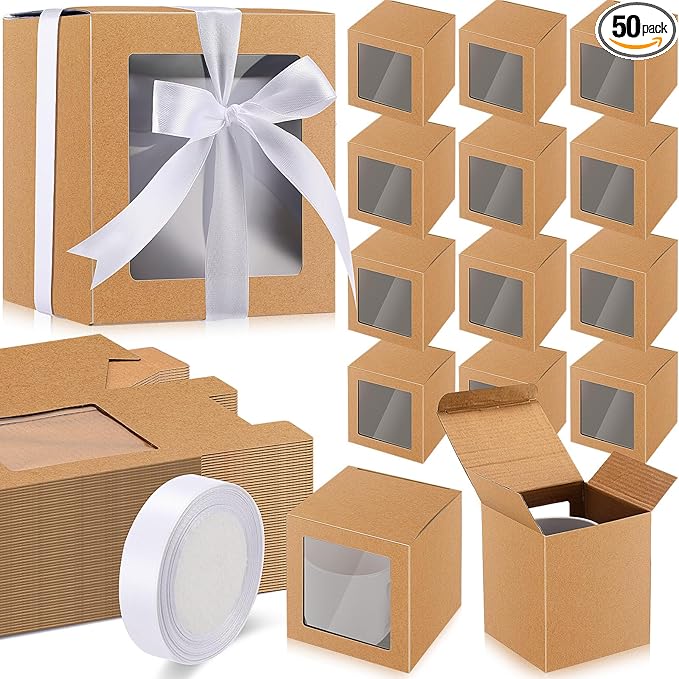 Ctosree 50 Pcs Mug Boxes for Gifts Sublimation Mug Box with Clear Window for Coffee Cup Packaging Shipping Exhibition for 11oz, 12oz, 15oz Blank Gift Christmas Wrapping Craft(Brown)