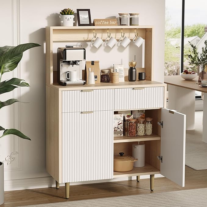 GarveeHome Fluted Sideboard Buffet Cabinet with Storage, Small Modern Coffee Bar Cabinet with Adjustable Shelves & 2 Drawers, Wood Buffet Console Table for Kitchen Dining Room Living Room