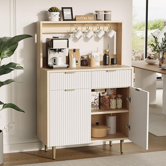 GarveeHome Fluted Sideboard Buffet Cabinet with Storage, Small Modern Coffee Bar Cabinet with Adjustable Shelves & 2 Drawers, Wood Buffet Console Table for Kitchen Dining Room Living Room