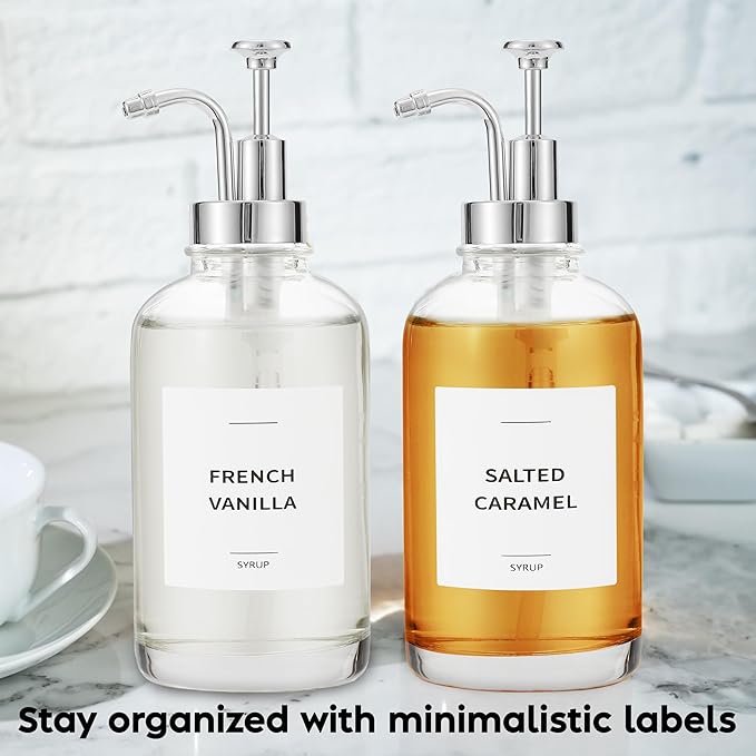 Spaceneat Coffee Syrup Dispenser with Pump - Includes 24 Flavor Labels - Glass Syrup Dispenser for Coffee Bar - Elevate your Beverage Station with 16.9 fl oz Flavoring Container Bottles, 4pcs, Silver