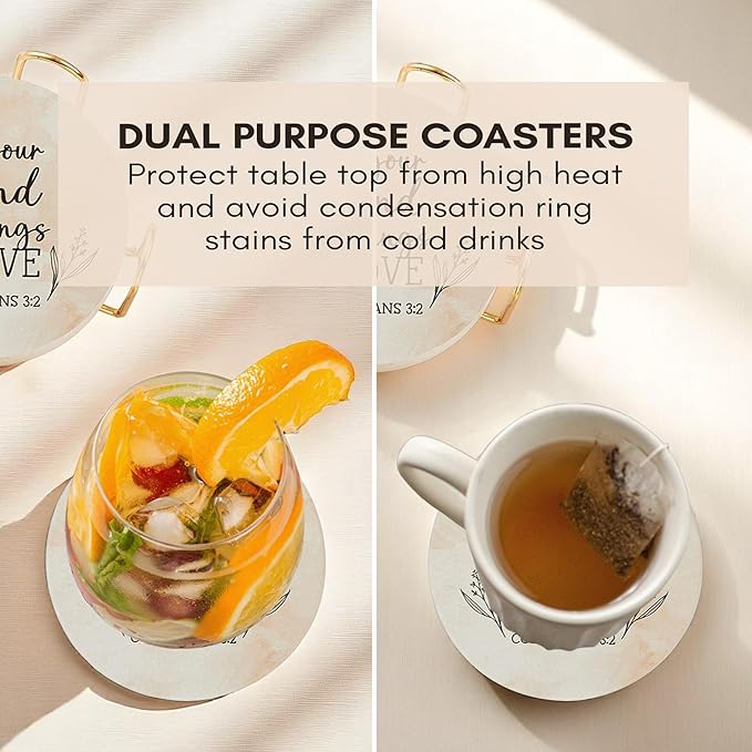 Christian Coasters Set of 6 with Holder– Ceramic Absorbent Drink Coasters for Coffee Table Desk, Modern Cute Moisture Absorbing Coasters, Christian Gifts Alternative to Cork, Silicone or Glass Coaster