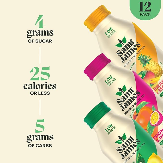 Saint James Iced Tea - Organic Green Tea - Non GMO, Gluten Free, Low Calorie & Low Sugar - Variety Green Tea Flavors, 12 Pack (16.9 fl oz each) | Non GMO, Gluten Free, Low Calorie, Low Sugar