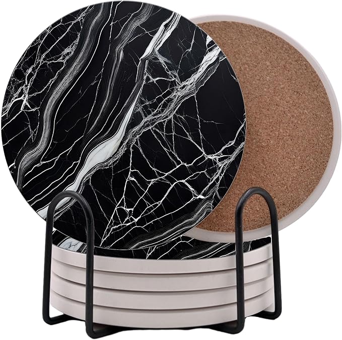 Black Agate Marble Round Coasters Set of 6 - Abosrbent Ceramic Coasters with Metal Stand for Drinks, Coffee, Non-Slip Cork Back for Tabletop Protection, 4 Inches Marbled Pattern (Dark)
