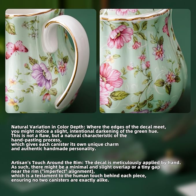 Ceramic Sugar and Creamer Set, 3 Piece Set with Cream Pitcher, Sugar Bowl, Sugar Set with Lid and Spoon (Green)