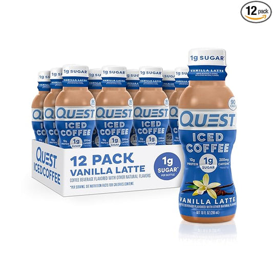 Quest Nutrition Iced Coffee, Vanilla Latte, 1g of Sugar, 10g of Protein, 90 calories, 200mg of caffeine, 12 Count