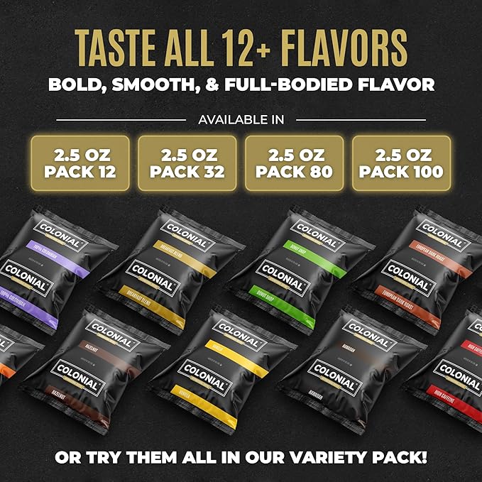Colonial Coffee 100 Count Single Pot Coffee Packets – 100% Arabica Vanilla Flavored Medium Roast | Pre-Measured Frac Packs for 12 Cup Maker | Bulk Ground Gourmet Coffee for Home & Office