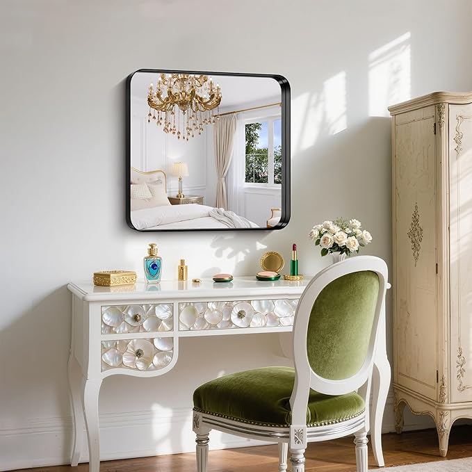 FORBATH 24x24 Inch Bathroom Mirror for Wall, Black Metal Framed Vanity Mirrors for Over Sink,Rounded-Corner Rectangle Mirror for Bedroom Living Room Kitchen Entryway Hallway, Anti-Rust