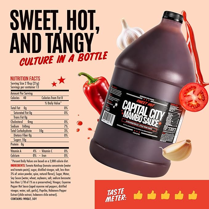 Capital City Mambo Sauce Sweet Hot, Washington DC Wing Sauces, Perfect Condiment for Wings Chicken Pork Beef Seafood Burgers Rice or Noodles, 128oz (1 Gallon)