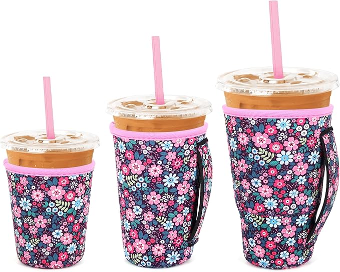 3 Pack Iced Coffee sleeve Insulated Neoprene Cup Sleeves with handle For Cold Drinks Beverages, Reusable Cup Holder for 16oz-32oz Coffee Cups (Flower Blooming)