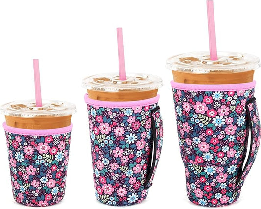 3 Pack Iced Coffee sleeve Insulated Neoprene Cup Sleeves with handle For Cold Drinks Beverages, Reusable Cup Holder for 16oz-32oz Coffee Cups (Flower Blooming)