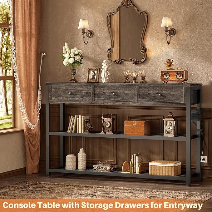 Ecoprsio 47'' Entryway Table with Outlets and USB Ports, Console Table with 3 Drawers, Sofa Table Narrow Long with Storage Shelves for Living Room, Couch, Hallway, Foyer, Kitchen Counter, Grey