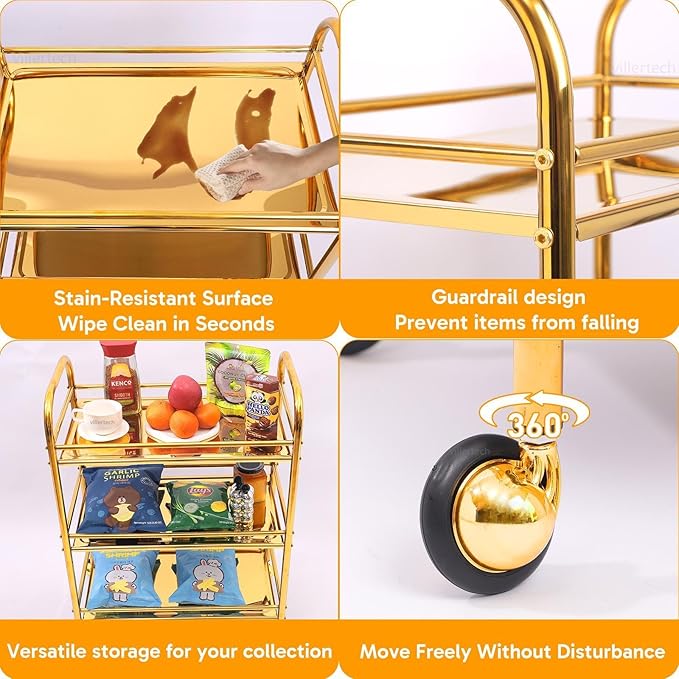 Gold 3 Tier Rolling Cart,Side Table with Wheels, Stainless Steel Trolley cart,End Table Living Room Coffee, Snack, and Bar, Easy Assembly Organizer Storage