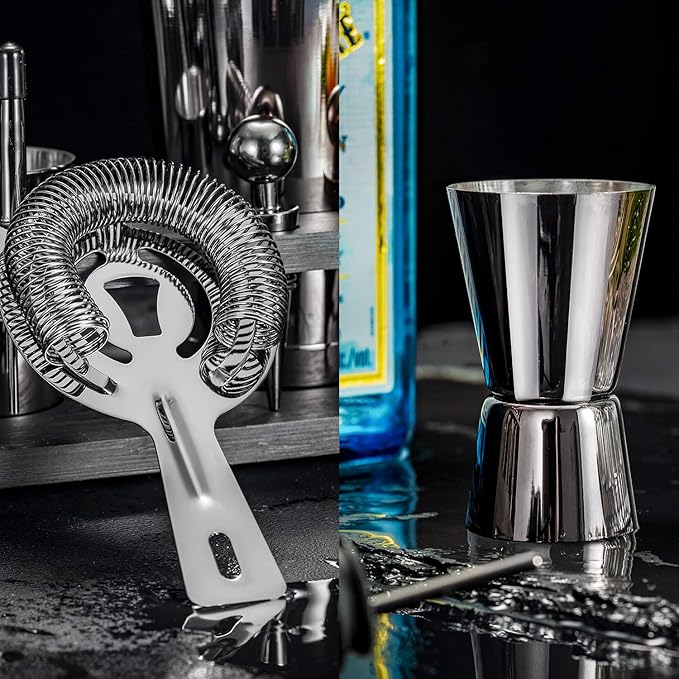 Soing 24-Piece Cocktail Shaker Set,Perfect Home Bartender Kit for Drink Mixing,Stainless Steel Bar Tools With Stand,Velvet Carry Bag & Recipes Cards Included (Black)