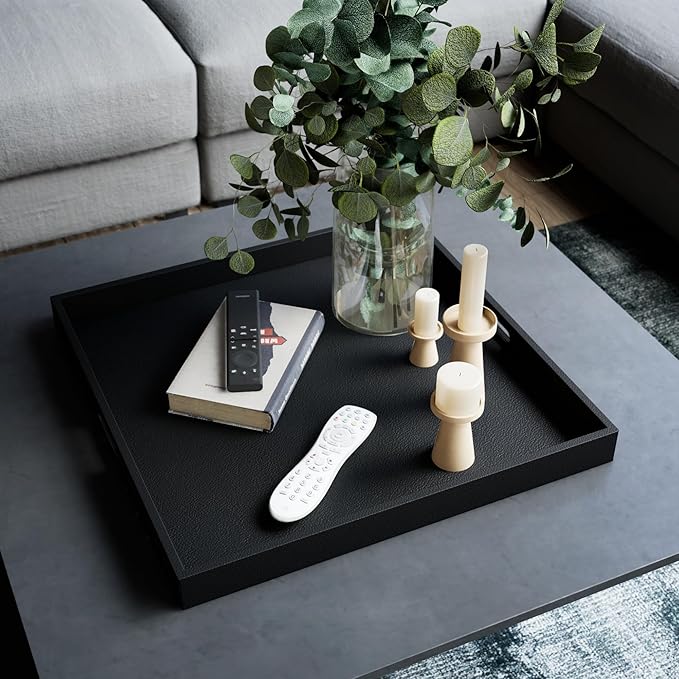 Hanobe Square Large Ottoman Tray: Extra Large Black Serving Tray for Ottomans Big Leather Decorative Tray with Handles for Coffee Table Living Room 22" x 22"