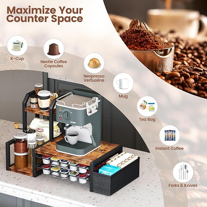 Homeiju Coffee Pod Holder Drawer for K-Cup,2-Tier Nespresso Pods Holder, K Cup Holder Holds 60 K-Cups & 10 Syrup Bottles, Sliding Storage Drawer and Countertop Storage