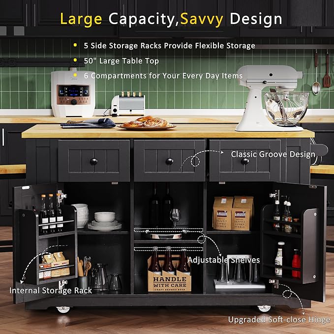 Rolling Kitchen Island with 2 Bar Stools, Drop Leaf & Power Outlet, Large Kitchen Islands Cart on Wheels, Movable Kitchen Island with 5 Open Shelves & Towel Rack for Kitchen, Dining Room, 53″, Black