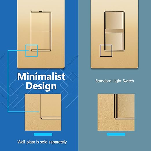 LIDER Minimalist Design Matte Finish Lighted Double Switch, Combination Frameless Decorator Switch with Locator Light, Ground Terminal, Single Pole, 15A 120V, UL Listed, LCS2-1P-GD10P, Gold, 10 Pack
