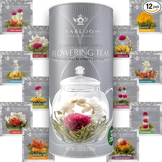 Teabloom Flowering Tea - 12 Unique Varieties of Fresh Blooming Tea Flowers - Hand-Tied Natural Green Tea Leaves & Edible Flowers - 12-Pack Gift Canister - 36 Steeps, Makes 250 Cups