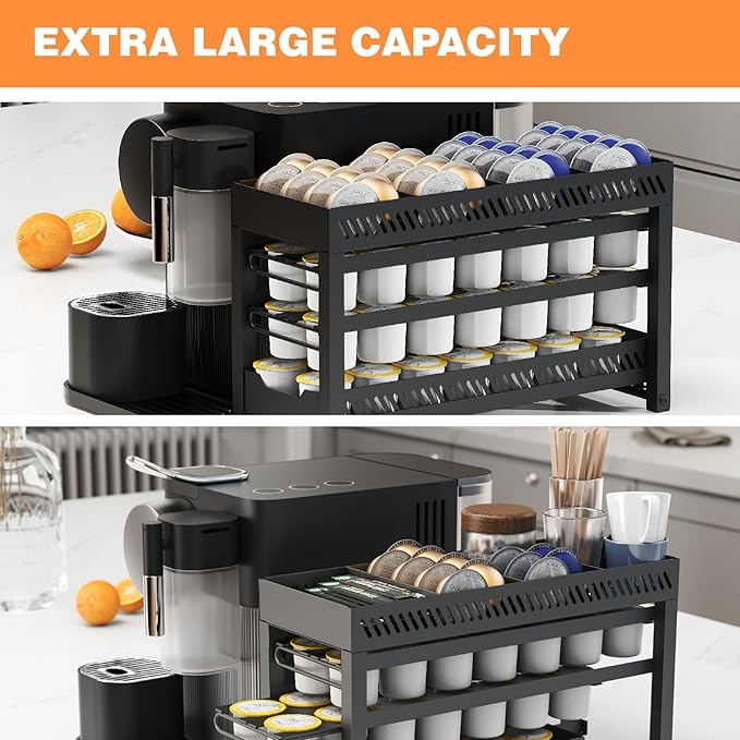 Coffee Pod Holder for K Cups with 3 Tier Slidng Storage Drawer and 4 Coffee Accessories Baskets on The Top, K Cups Save Space Organizer for Home Office Cafe Counter and Kitchen, Black