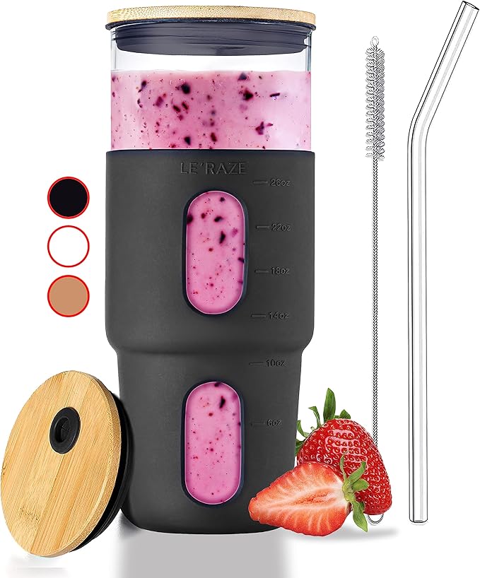 32oz Glass Tumbler with Straw & Bamboo Lid with Silicone Sleeve, Reusable Boba Smoothie Cup Iced Coffee Tumbler, Fits Cup Holder, Glass Water Bottle, BPA Free, Beer Mug & Stein Black
