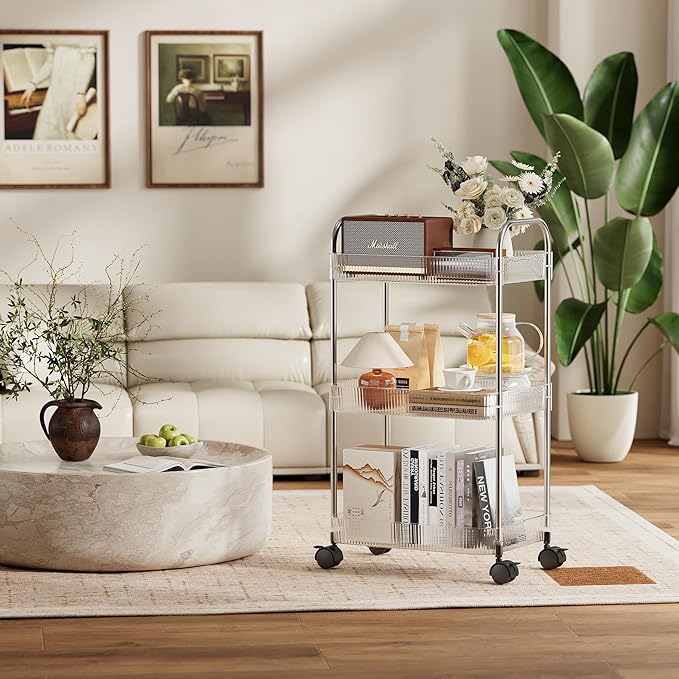 3 Tier Rolling Cart with Lockable Wheels, Clear Acrylic Utility Trolley with Handle, Heavy-Duty Storage Organizer for Kitchen Bathroom Nursery Laundry - Snack Book Craft Organizer (Clear)