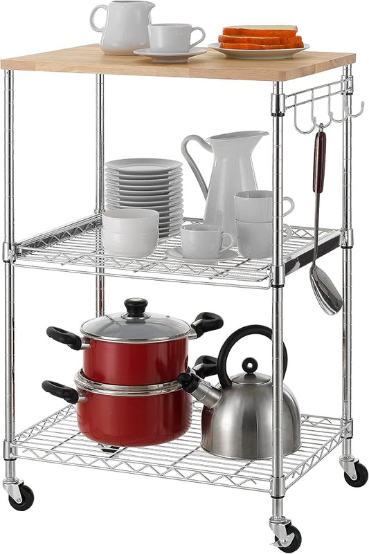 Finnhomy 3-Tier Rolling Kitchen Cart, Microwave Cart with Oak Wood Tabletop and Drawer Slider, Coffee Cart & Food Service Cart with Hooks, Chrome
