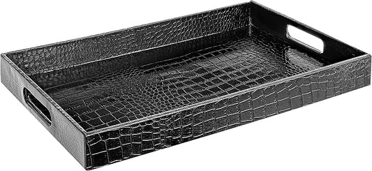 Black Leather Serving Tray with Handles, Glossy Faux Crocodile Print, 17.5x12 Food Drinks Tray for Coffee Table, Breakfast, Dinner & Bar, Decorative Storage Tray for Ottoman, Kitchen, Bedroom, Gift.