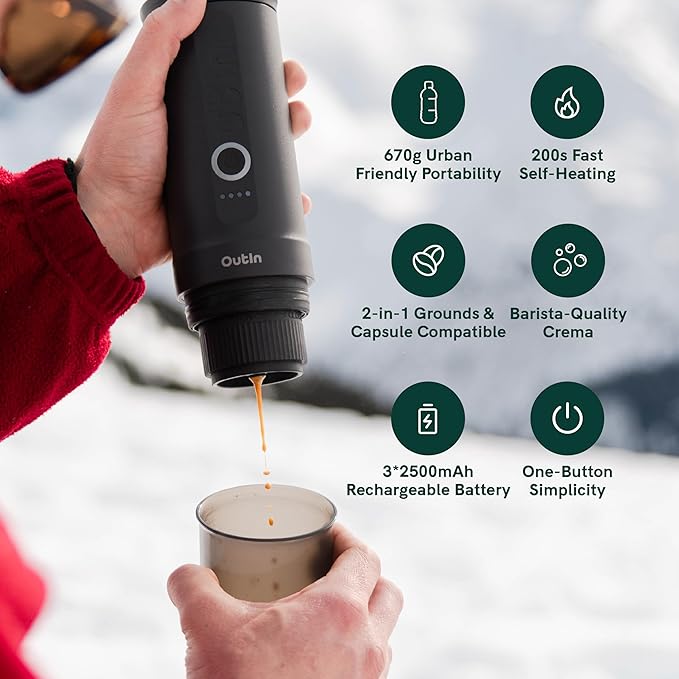 OutIn Nano Portable Electric Espresso Machine with Fino Portable Electric Coffee Grinder, Brown & Red