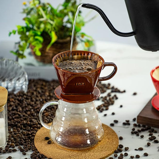 Pour Over Ceramic - Coffee Dripper Ceramic Coffee Maker with 3 Holes Flat Bottom, Porcelain Slow Filter Cone for Travel, Camping, Office, Home, Coffee Maker Brew, Brown