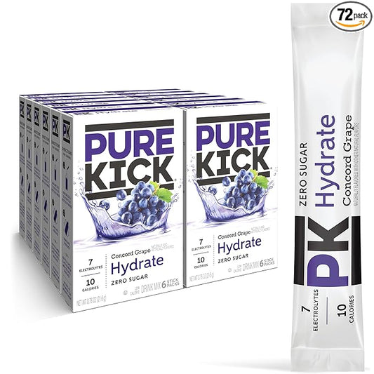 PURE KICK Hydration Singles to Go Drink Mix, Concord Grape, Includes 12 Boxes with 6 Packets in Each Box, 72 Total Packets