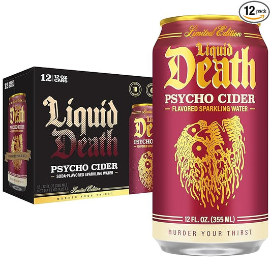 Liquid Death Soda-Flavored Sparkling Water - Psycho Cider (Apple Cinnamon), Less Sugar*, Huge Flavor, No Caffeine, No Artificial Sweeteners, 12 Fl Oz (Pack of 12)
