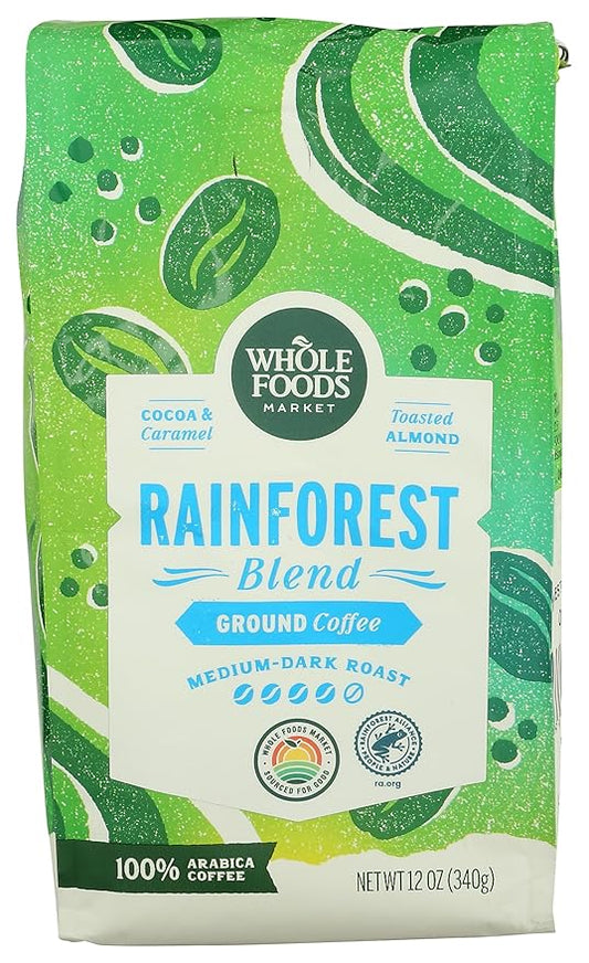 Whole Foods Market, Rainforest Blend Medium-Dark Roast Ground Coffee, Cocoa, Caramel & Toasted Almond, 12 Ounce