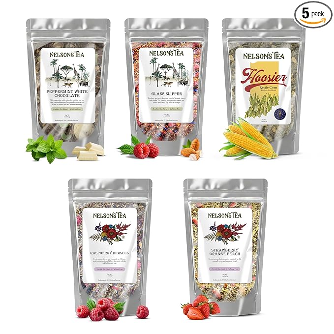 Nelson's Tea Caffeine Free Sampler Pack - Loose Leaf Tea Sampler - Peppermint White Chocolate, Glass Slipper, Hoosier Kettle Corn, Raspberry Hibiscus, Strawberry Orange Peach - 2 Oz Sizes