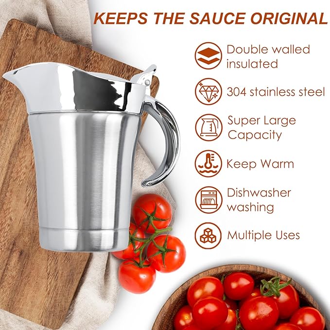 Double Insulated Gravy Boat, 18/8 Stainless Steel Sauce Jug Gravy Boat with Hinged Lid - Ideal for Gravy or Cream at Thanksgiving, Halloween, Christmas, Dishwasher safe (450ML/16 OZ)