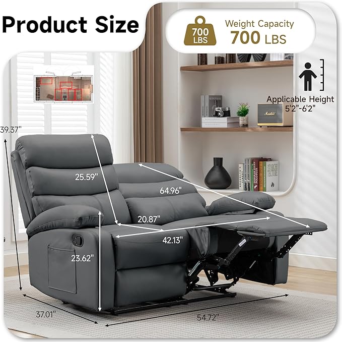 Reclining Loveseat, Anti-Scratch Leather Double Recliner Sofa with Side Pocket, Wall Hugger Loveseat Recliner for Living Room, RV, Home Theater(Grey)