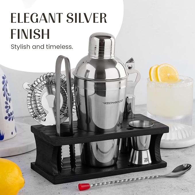 Modern Mixology Cocktail Shaker Set - 8 Piece Bartender Kit on Quality Pine Stand | Complete Cocktail Kit Gift Set | Top Bartender Gifts for Men | Leak Proof Design (Silver)