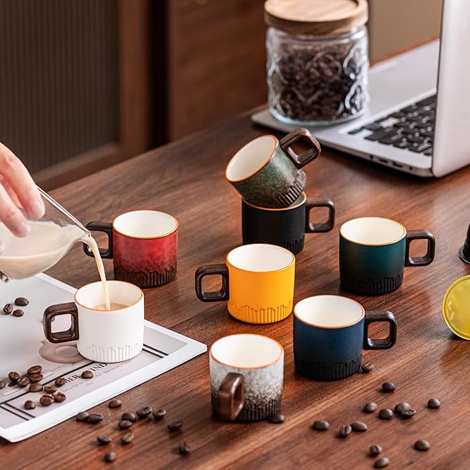 Zurucily Espresso Cups Set of 2, 2 oz Ceramic Espresso Cups, Demitasse Cups for Tea or Coffee (Black&White)