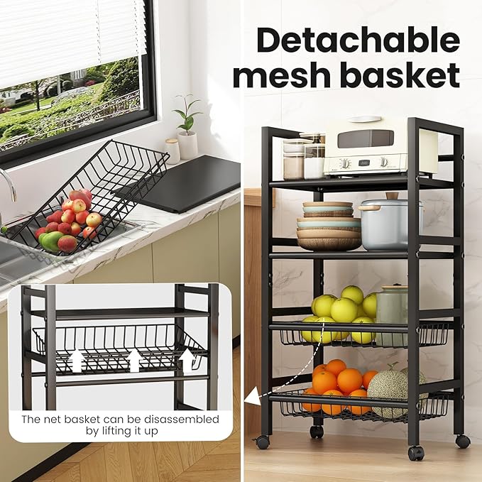 4-Tier Metal Rolling Cart with Removable Grid Shelves, Lockable Wheels & Handle for Kitchen, Bathroom, Office Storage, Black (Medium)